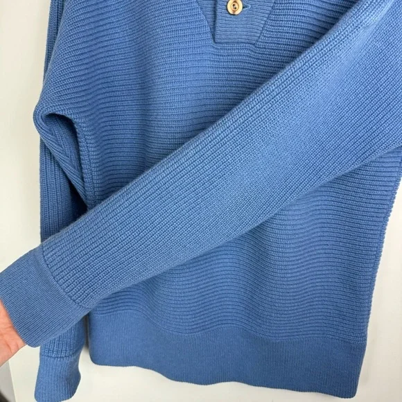 Vtg The Sheepery 100% Virgin Wool Sz 44 Blue Ribbed Knit Button Placket Collar